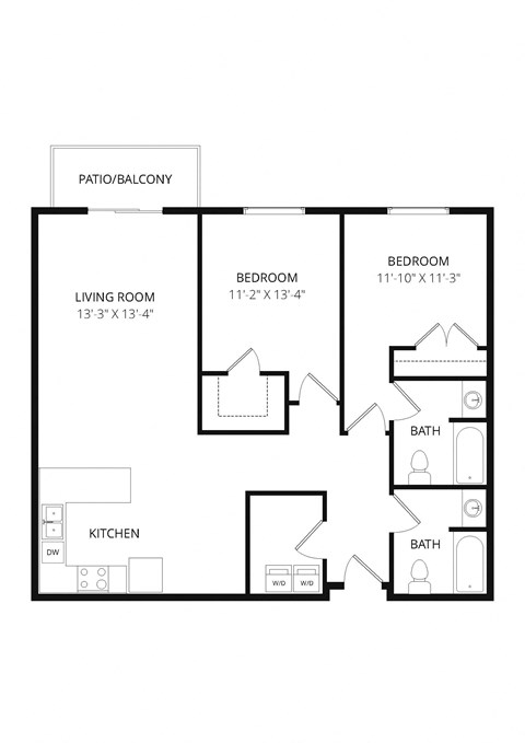 Floor plan for 2 beds, 2 baths, 1186 sqft
